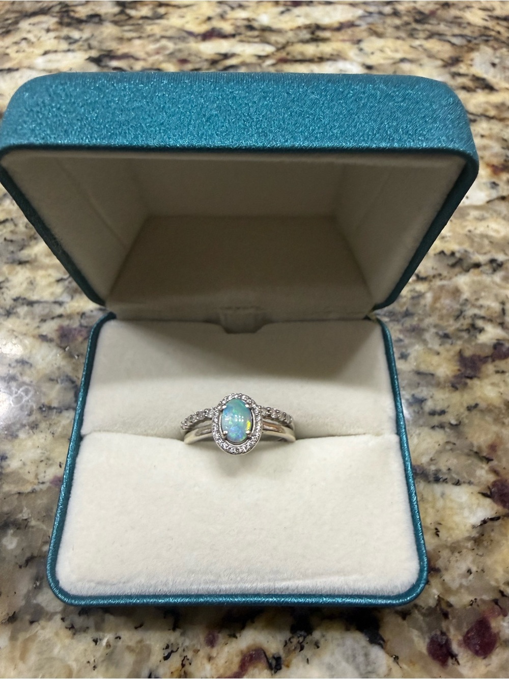 Beautiful Fire Opal Halo Setting Bridal Set - White gold & diamonds.